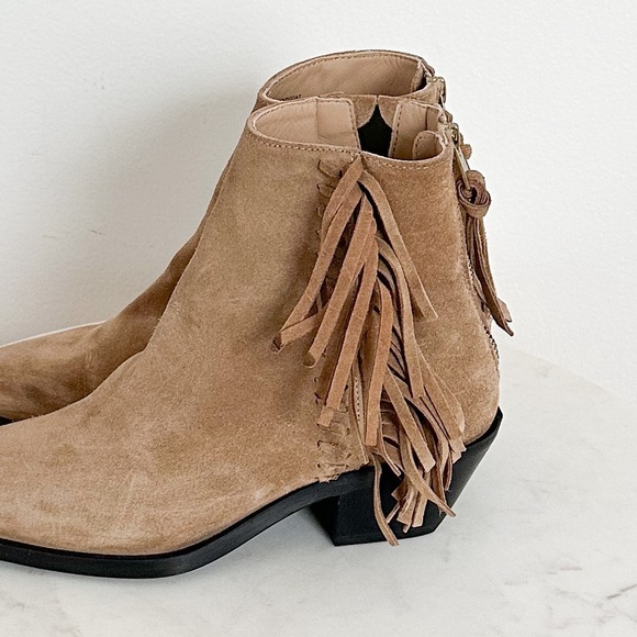 All Saints NEW Layla Cognac Sand Suede Fringe Zip Heel Ankle Booties Size 7 - Picture 12 of 12